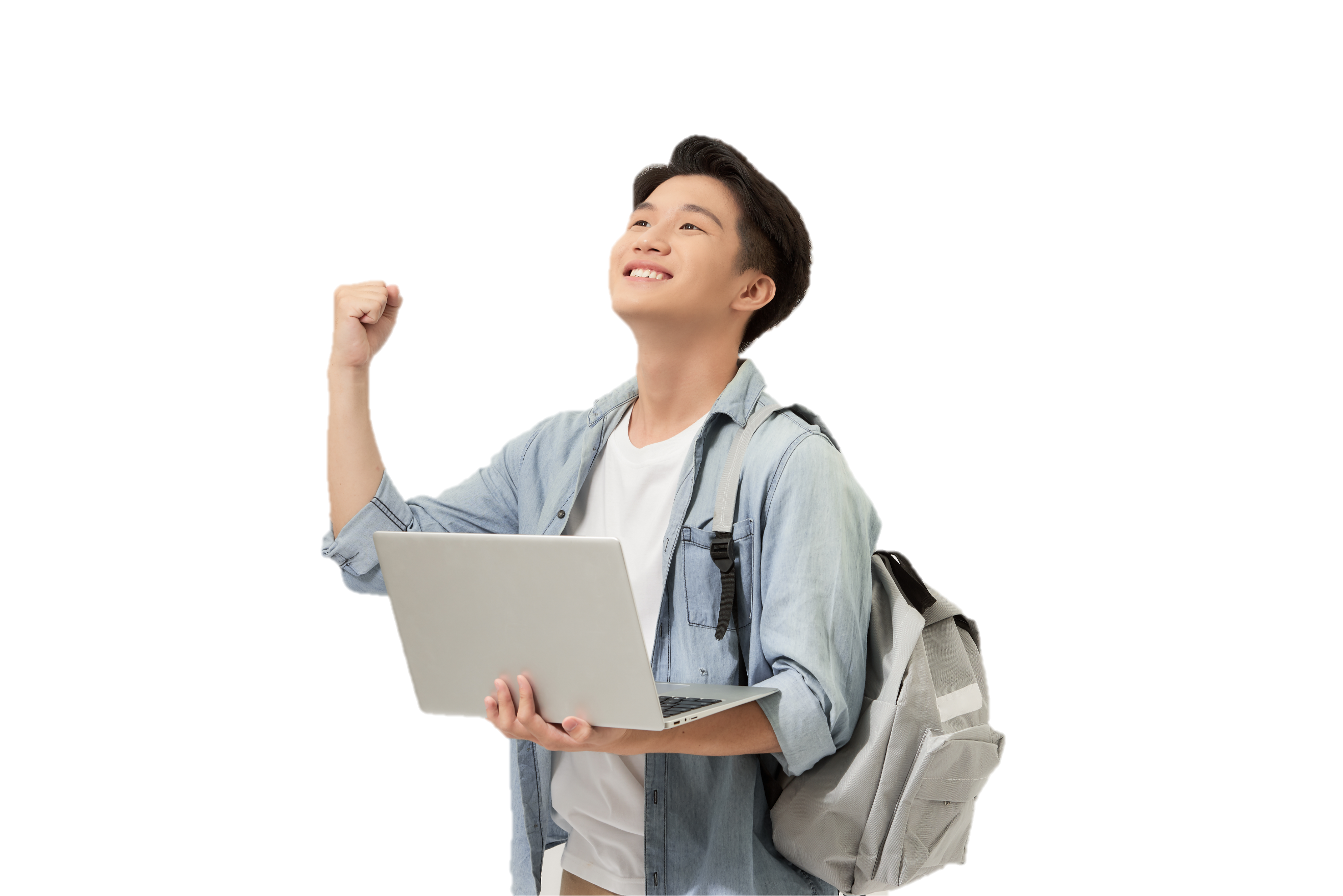 A student wearing a gray backpack and holding a laptop with one hand. He is smiling and holding a fist in the sky.
